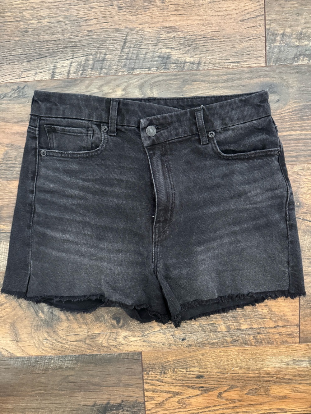American Eagle Outfitters Stretch Asymmetrical Black Denim Shorts 4 inch inseam